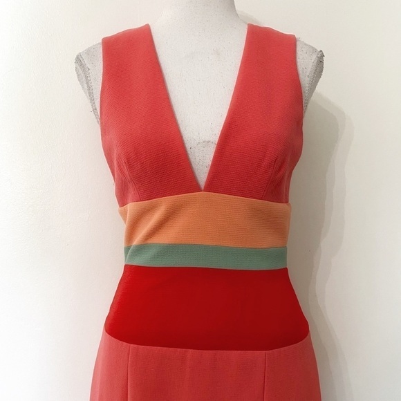 NWT BCBGMAXAZRIA LIZETTE CORAL COLORFUL STRIPES V-NECK SLEEVELESS MAXI DRESS - 2 - Picture 6 of 10